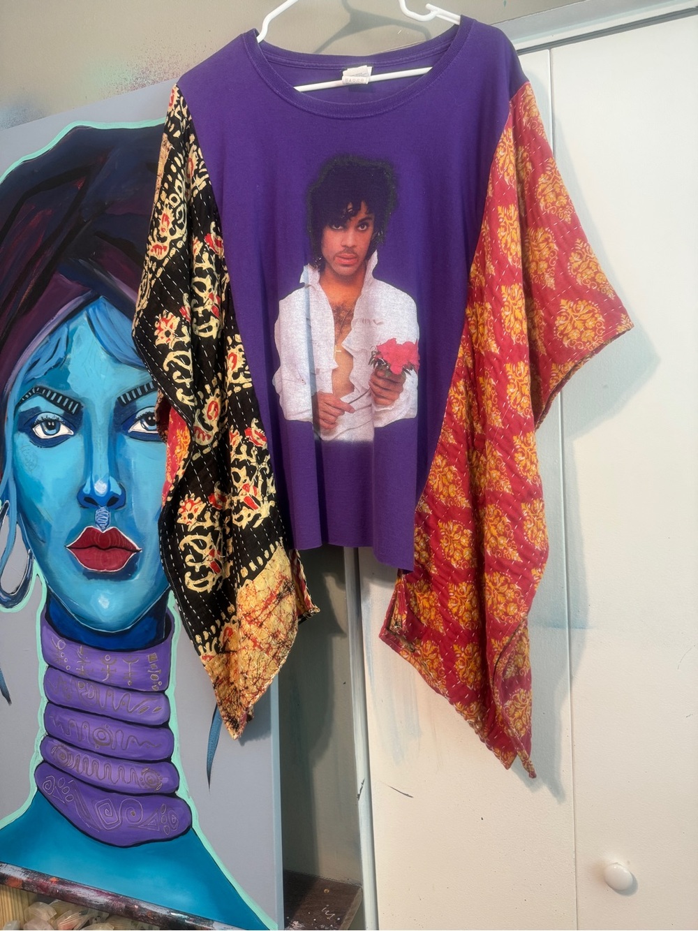 Boho Upcycled Prince Graphic Tee Kantha Stitch Oversized Top L XL 2XL 3XL